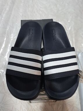 adidas Adilette Shower Blue and Black and White Three-Stripe Slide Sandals
